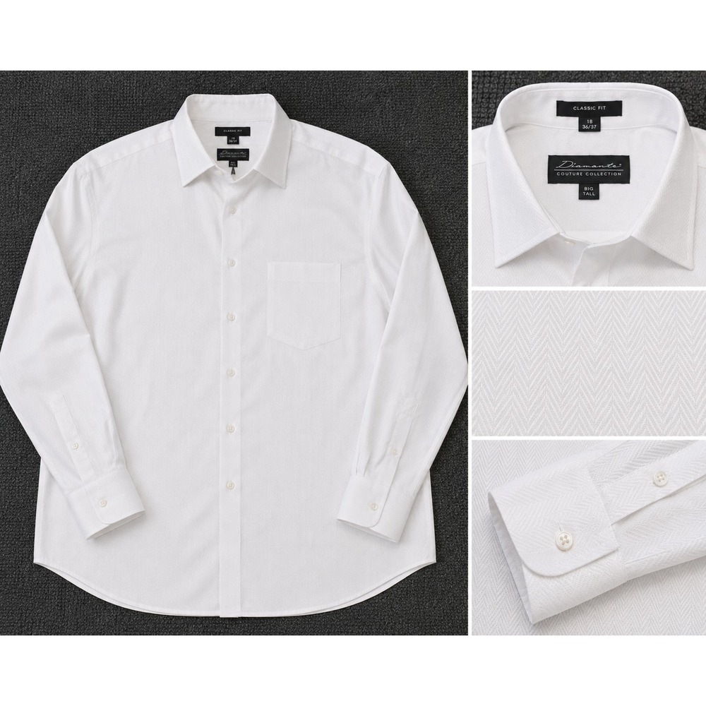 Diamante Dress Shirt Mens 18 36/37 White Herringbone Classic Fit LS Big Tall